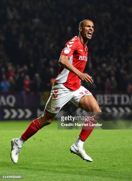 Darren Pratley of Charlton Athletic celebrates as he scores his team's second goal during the Sky Bet League One Play-Off Second Leg match between...