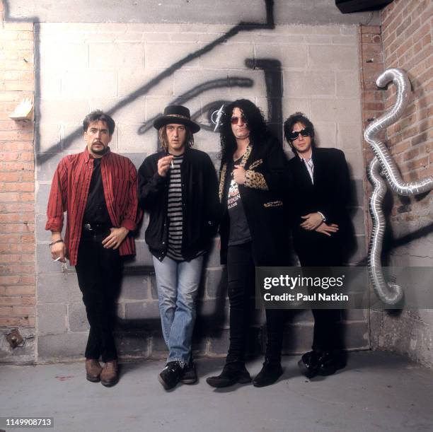Portrait of American Rock group Izzy Stradlin and the Ju Ju Hounds, Chicago, Illinois, May 10, 1992. Pictured are, from left, Charlie Quintana , Izzy...