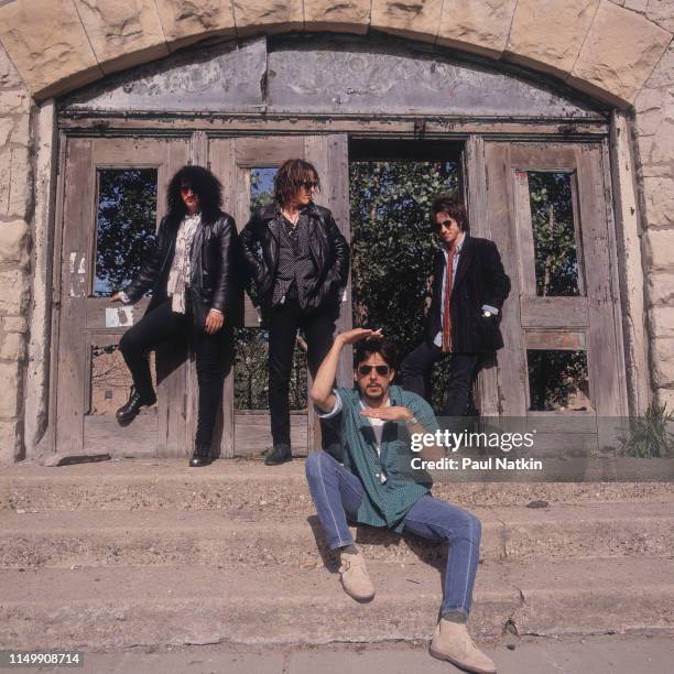 Portrait of American Rock group Izzy Stradlin and the Ju Ju Hounds, Chicago, Illinois, May 10, 1992. Pictured are, from left, Rick Richards, Izzy...