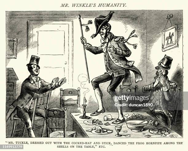 dickens, pickwick papers, danced the frog hornpipe on the table - dining table stock illustrations