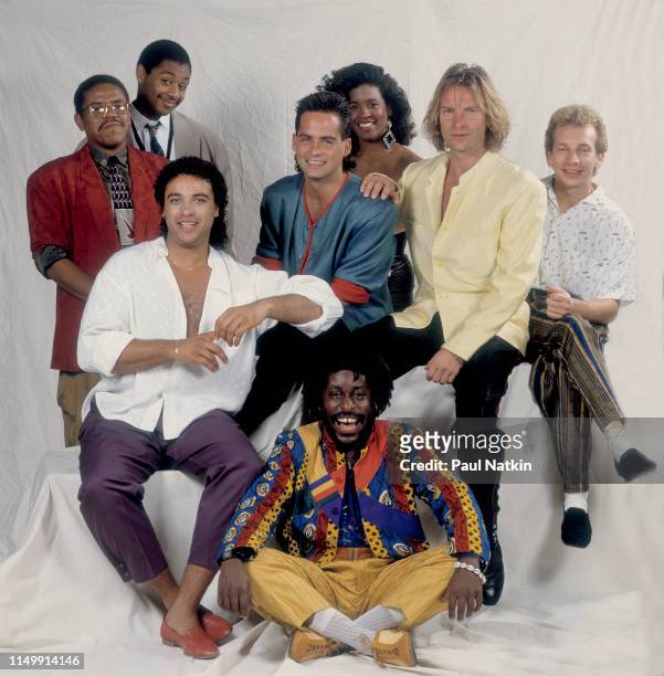 Portrait of British Rock and Pop musician Sting and his band backstage at the Sun Dome, Tampa, Florida, January 21, 1988. Pictured are, Kenny...