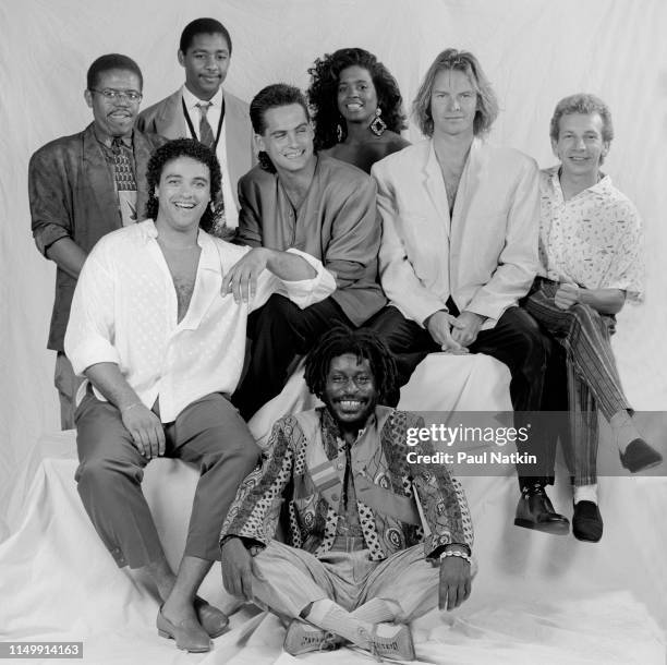 Portrait of British Rock and Pop musician Sting and his band backstage at the Sun Dome, Tampa, Florida, January 21, 1988. Pictured are, Kenny...