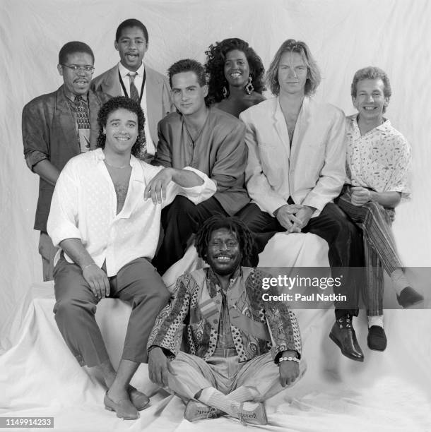 Portrait of British Rock and Pop musician Sting and his band backstage at the Sun Dome, Tampa, Florida, January 21, 1988. Pictured are, Kenny...