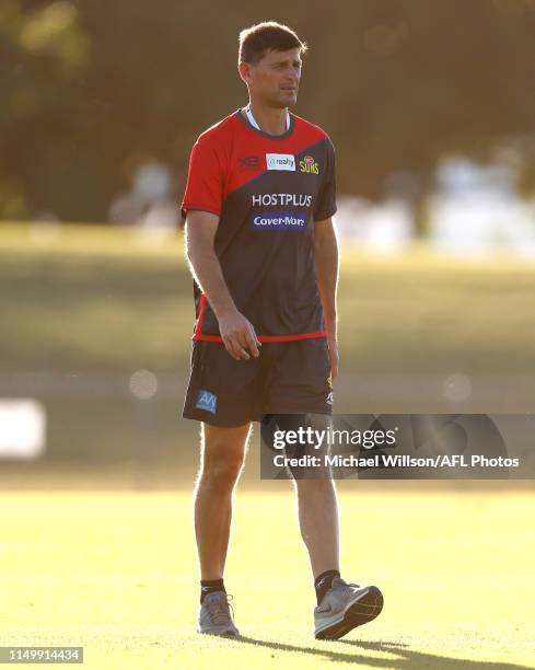 Ashley Prescott, Forwards Coach of the Suns in action during the Gold Coast Suns training session at Riverway Stadium on June 14, 2019 in Townsville,...