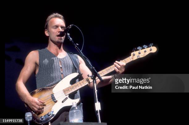 British Rock and Pop musician Sting performs onstage at the Aire Crown Theater, Chicago, Illinois, February 11, 1991.