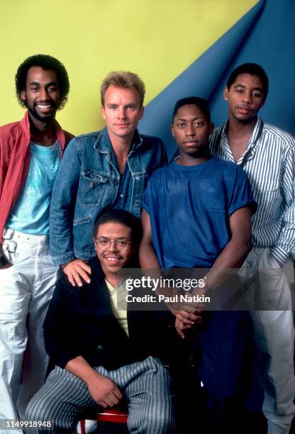 Portrait of musicians, clockwise from lower left, Kenny Kirkland, Omar Hakim, Sting , Darryl Jones, and Branford Marsalis at the Poplar Creek Music...