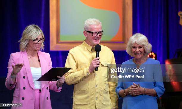 Zoe Ball, Chris Evans and Camilla, Duchess of Cornwall attend the live broadcast of the final of BBC Radio 2's 500 Words creative writing competition...