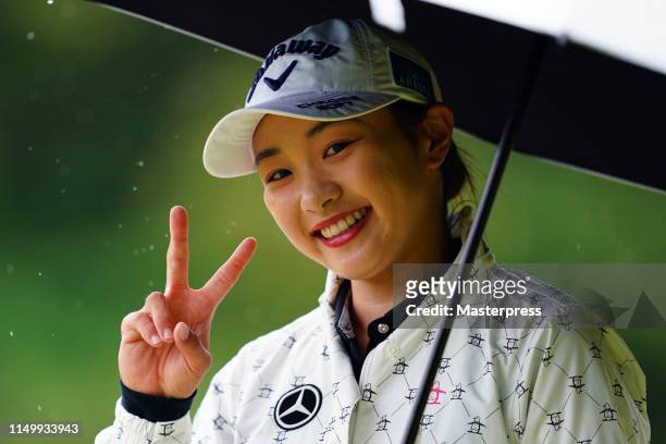 Momoka Miura of Japan smiles on the 3rd hole during the second round of the Hoken-no-Madoguchi Ladies at Fukuoka Country Club Wajiro Course on May...