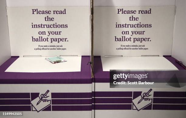 General view of polling and ballot paper signage at Toorak/South Yarra Library on May 18, 2019 in Melbourne, Australia. Australians head to the polls...