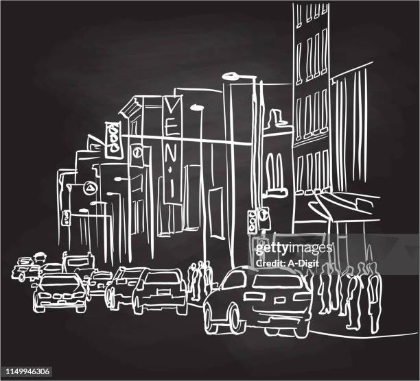 downtown revival street chalkboard - crowded store stock illustrations