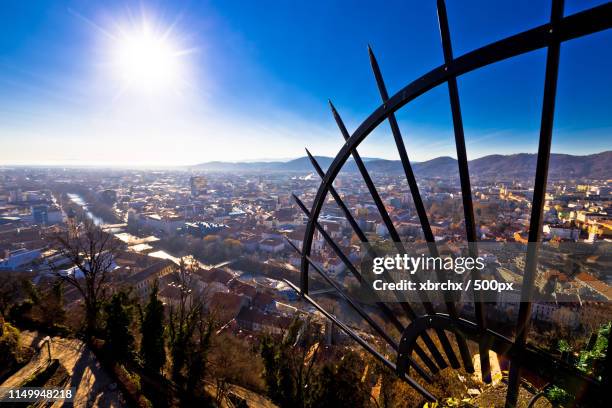 graz aerial panoramic view from schlossberg - graz stock pictures, royalty-free photos & images