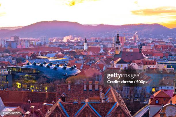 graz city center aerial sunset view - graz austria stock pictures, royalty-free photos & images