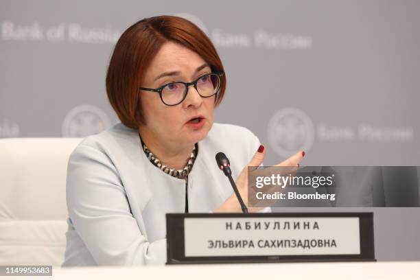 Elvira Nabiullina, governor of Russia's central bank, gestures as she speaks during a news conference in Moscow, Russia, on Friday, June 14, 2019....