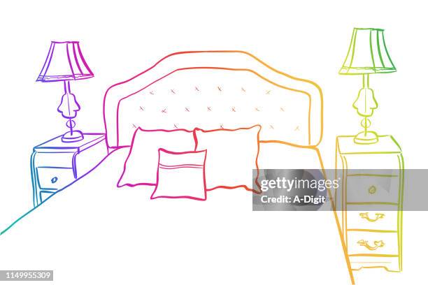 vintage bedroom sketch rainbow - headboard stock illustrations