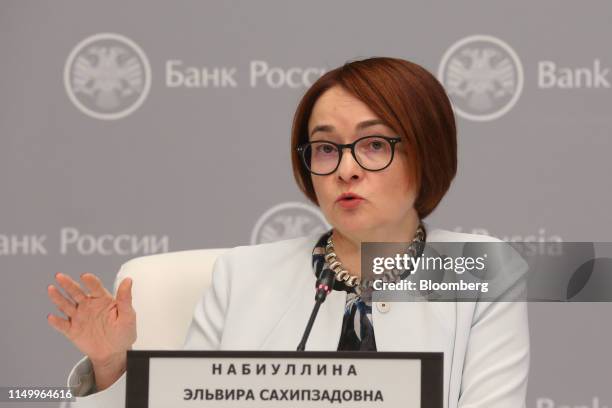 Elvira Nabiullina, governor of Russia's central bank, speaks during a news conference in Moscow, Russia, on Friday, June 14, 2019. Russia cut...