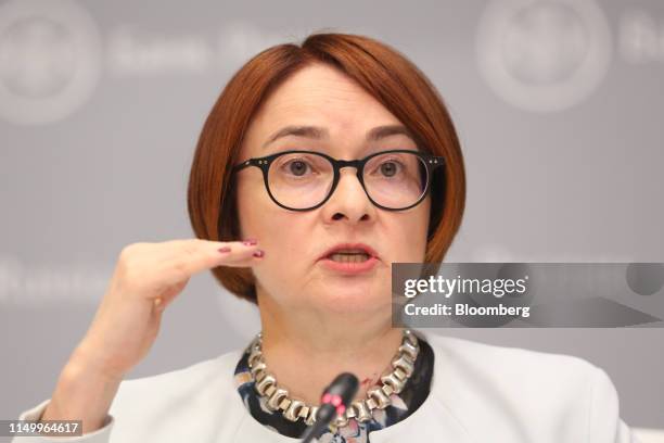 Elvira Nabiullina, governor of Russia's central bank, speaks during a news conference in Moscow, Russia, on Friday, June 14, 2019. Russia cut...