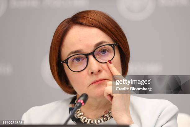 Elvira Nabiullina, governor of Russia's central bank, pauses during a news conference in Moscow, Russia, on Friday, June 14, 2019. Russia cut...