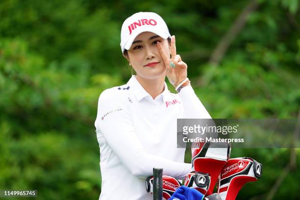 Ha-Neul Kim of South Korea poses for photographs on the 7th tee during the second round of the Hoken-no-Madoguchi Ladies at Fukuoka Country Club...