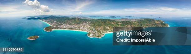 aerial panorama view from drone of phuket province at the gorgeous andaman seashore, located at southern of thailand - phuket province stockfoto's en -beelden