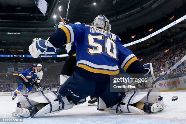 Jordan Binnington of the St. Louis Blues tends goal against the San Jose Sharks in Game Four of the Western Conference Finals during the 2019 NHL...