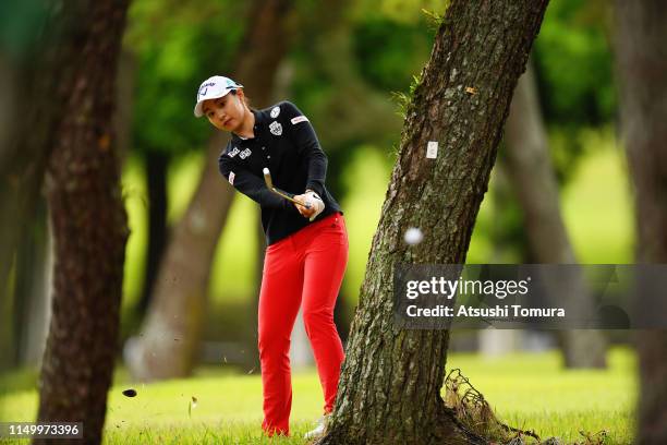 Momoka Miura of Japan hits her second shot on the 17th hole during the second round of the Hoken-no-Madoguchi Ladies at Fukuoka Country Club Wajiro...