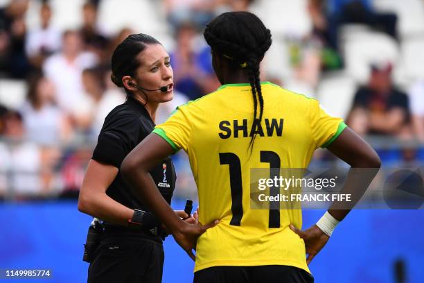 New-Zealand's referee Anna-Marie Keighley speaks with Jamaica's forward Khadija Shaw during the France 2019 Women's World Cup Group C football match...