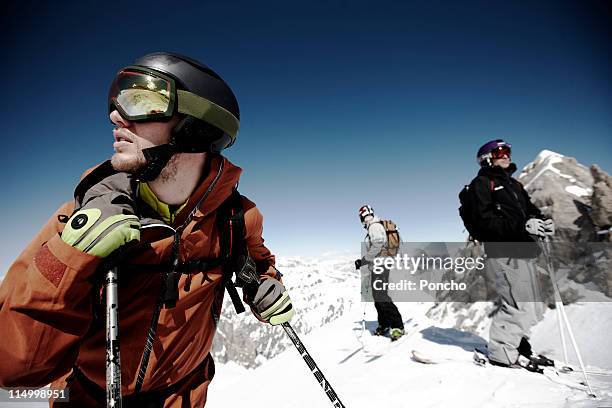 skier standing on mountain top of the marmolada - freestyle skiing day 3 stockfoto's en -beelden