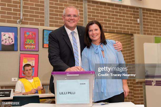 Prime Minister Scott Morrison and his wife Jenny Morrison cast their votes at Lilli Pilli Public School, in the seat of Cook in Cronulla, on May 18,...