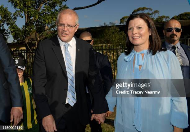 Prime Minister Scott Morrison and his wife Jenny Morrison leave after casting their votes at Lilli Pilli Public School, in the seat of Cook in...