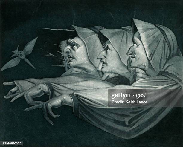 three witches of macbeth - macbeth fictional character stock illustrations