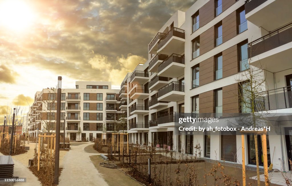 Cityscape with facade of a modern residential building