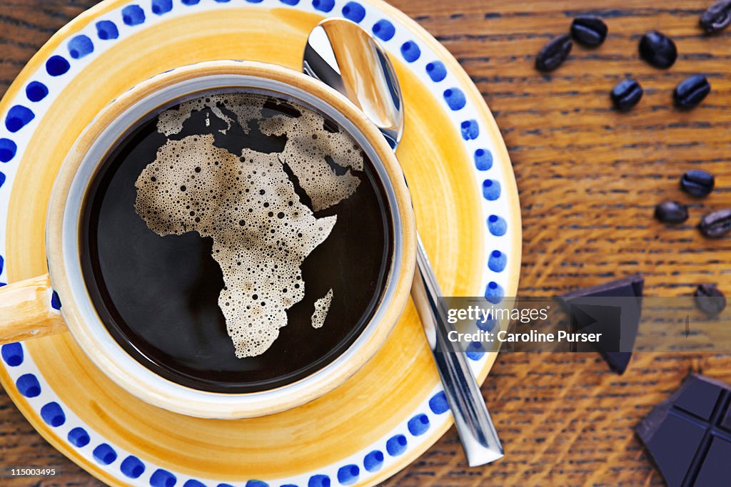 Map of Africa in coffee, coffee beans, chocolate