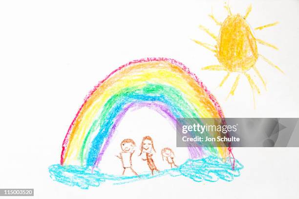 rainbow and family drawing - crayon rainbow stock illustrations