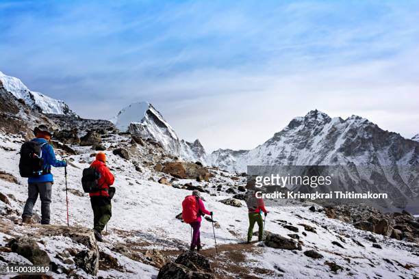 walking to everest base camp. - mt everest stock pictures, royalty-free photos & images