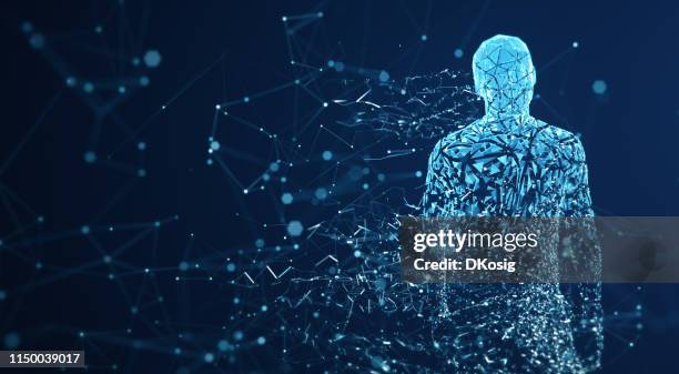 digitale avatar/kunstmatige intelligentie (blauw, kopieerruimte) - gebroken glas stockfoto's en -beelden