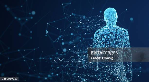 digital avatar / artificial intelligence (blue, copy space) - cyborg stock pictures, royalty-free photos & images