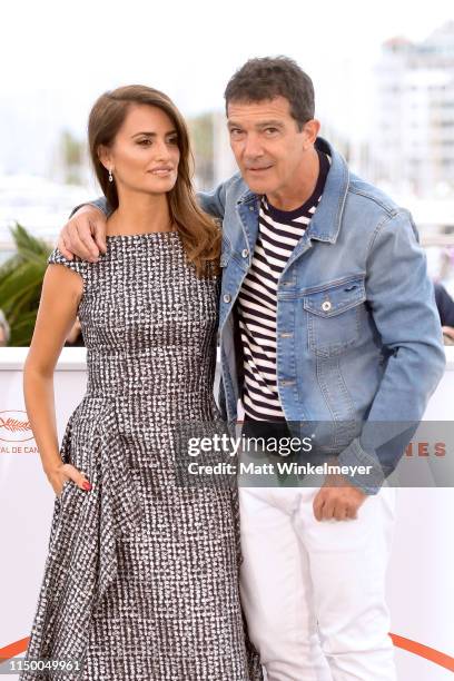 Penelope Cruz and Antonio Banderas attend the "Pain And Glory " photocall during the 72nd annual Cannes Film Festival on May 18, 2019 in Cannes,...
