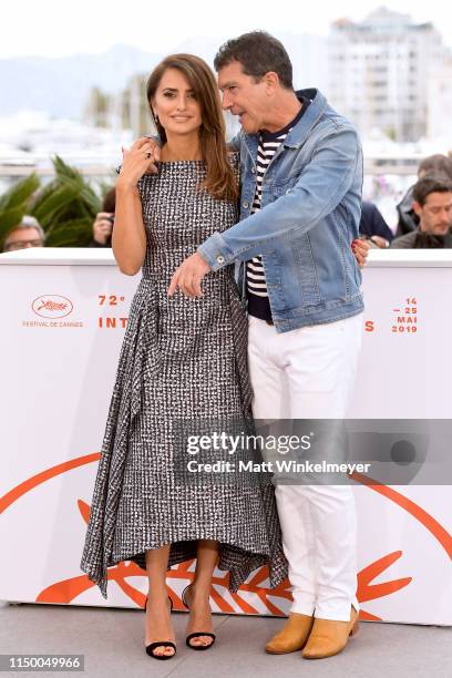 Penelope Cruz and Antonio Banderas attend the "Pain And Glory " photocall during the 72nd annual Cannes Film Festival on May 18, 2019 in Cannes,...