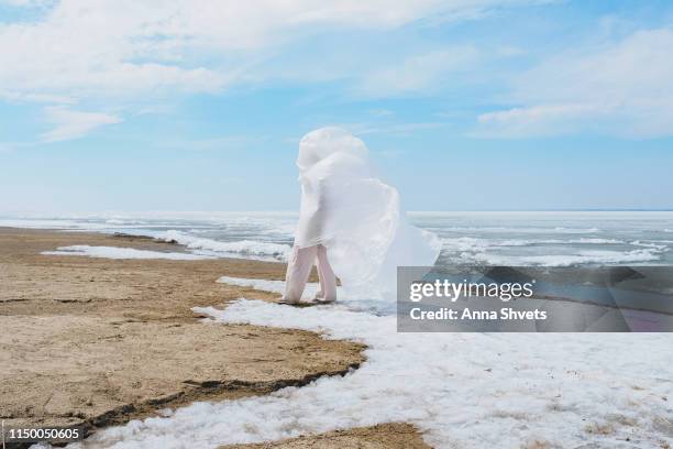 man wearing plastic against sky, sands and ice - poluição do plástico imagens e fotografias de stock