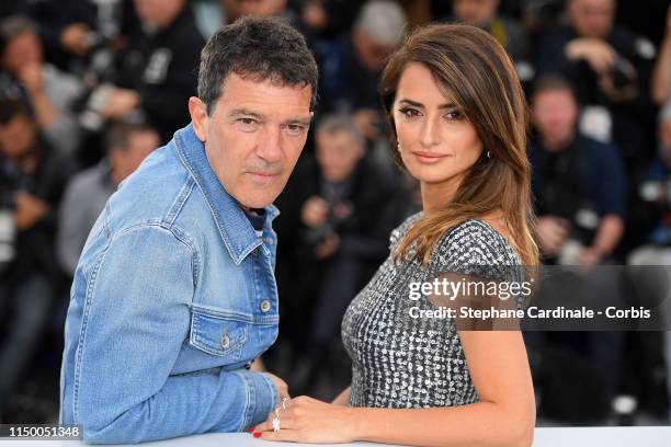 Antonio Banderas and Penelope Cruz attend the "Pain And Glory " photocall during the 72nd annual Cannes Film Festival on May 18, 2019 in Cannes,...