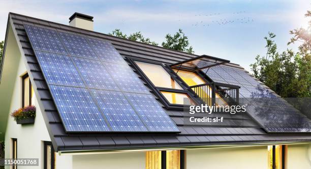 Solar panels on the roof of the modern house