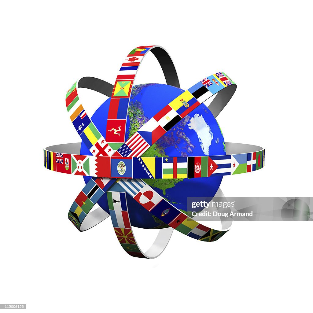 A globe with flags of the world