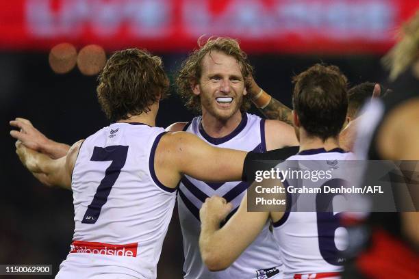 David Mundy of the Dockers celebrates kicking a goal during the round nine AFL match between the Essendon Bombers and the Fremantle Dockers at Marvel...