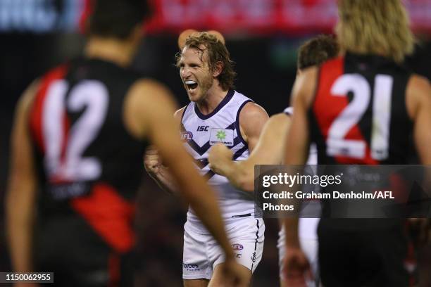 David Mundy of the Dockers celebrates kicking a goal during the round nine AFL match between the Essendon Bombers and the Fremantle Dockers at Marvel...