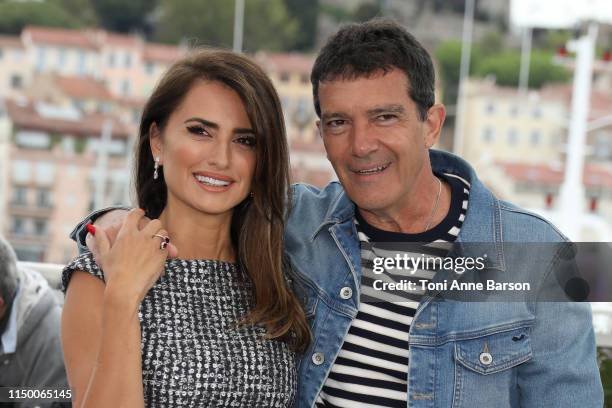 Penelope Cruz and Antonio Banderas attend the photocall for "Pain And Glory " during the 72nd annual Cannes Film Festival on May 18, 2019 in Cannes,...