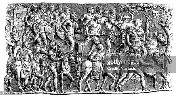 trajan's column (ii century) in rome: emperor protected by german allied warriors - ottoman emperor stock illustrations