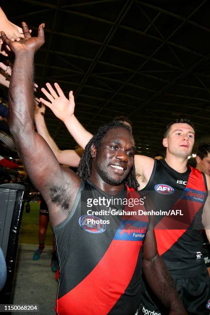 Anthony McDonald-Tipungwuti of the Bombers thanks the fans following the round nine AFL match between the Essendon Bombers and the Fremantle Dockers...