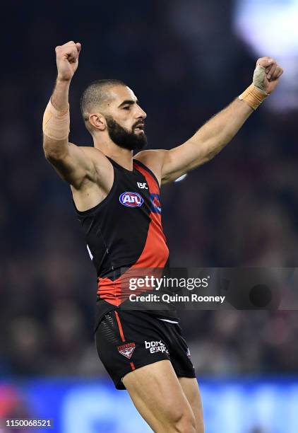 Adam Saad of the Bombers celebrates winning the round nine AFL match between the Essendon Bombers and the Fremantle Dockers at Marvel Stadium on May...