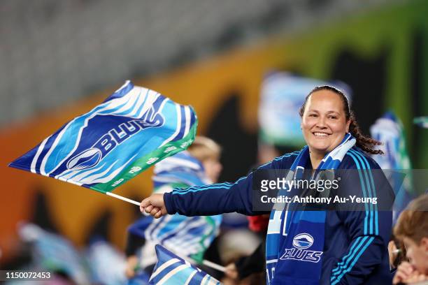 Blues fans showing support during the round 14 Super Rugby match between the Blues and the Chiefs at Eden Park on May 18, 2019 in Auckland, New...