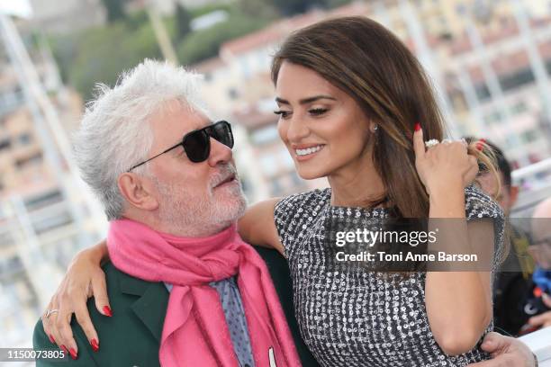 Pedro Almodovar and Penelope Cruz attend the photocall for "Pain And Glory " during the 72nd annual Cannes Film Festival on May 18, 2019 in Cannes,...